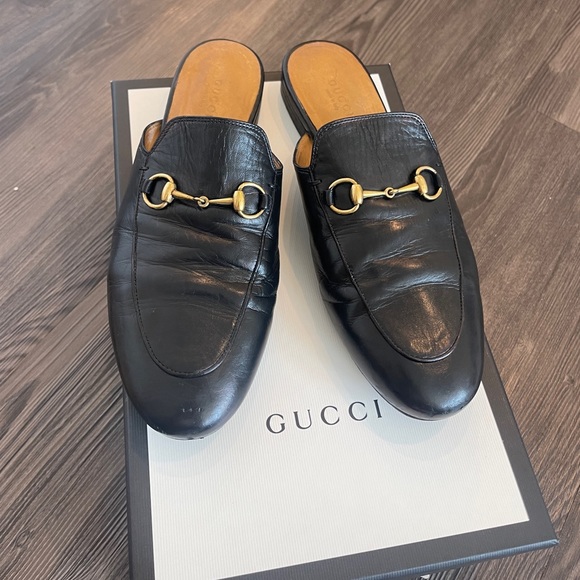 Authentic GUCCI PRINCETOWN LEATHER SLIPPER slides mules black gold 38.5 loafers - Picture 3 of 16